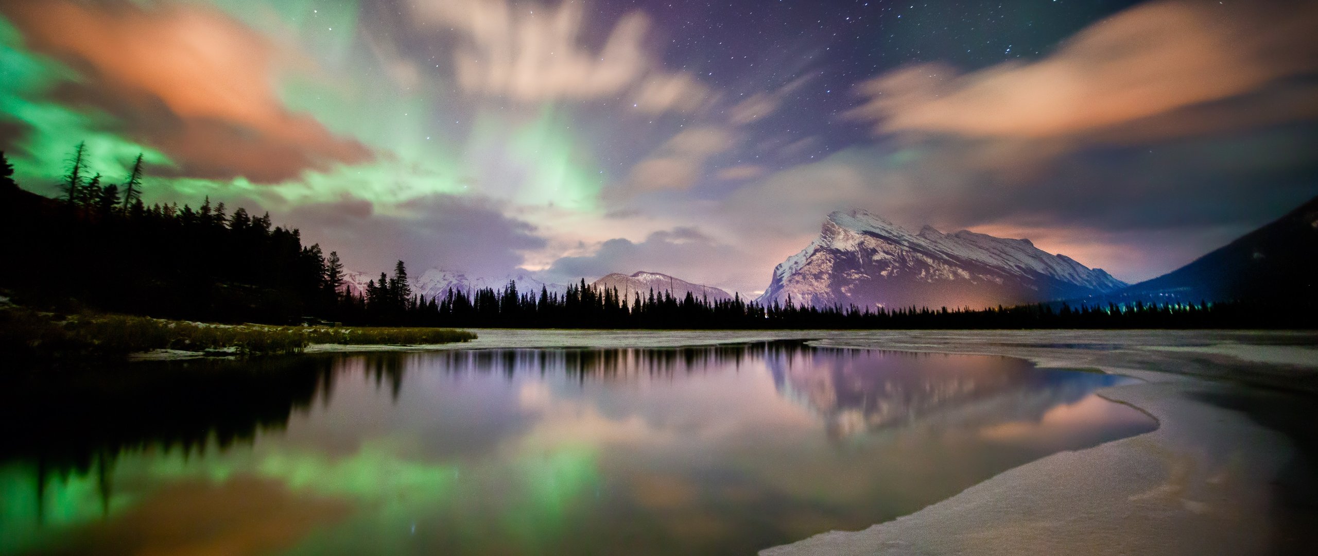 The northern lights over Vermilion Lakes and Mount Rundle, near Banff